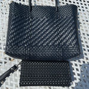 Black weaved tote with wallet.